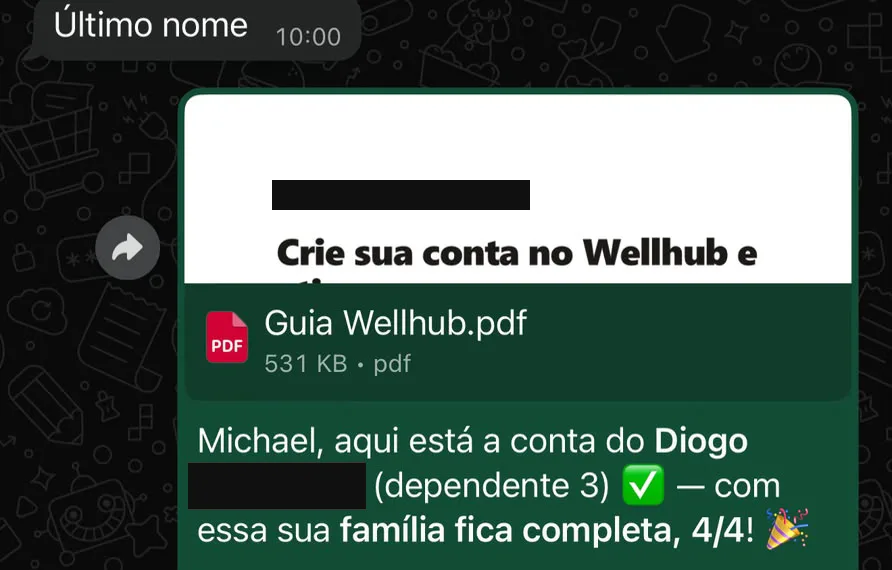 Print de conversa no WhatsApp: o atendimento entrega a conta do dependente e comemora — “com essa sua família fica completa, 4/4!” — junto com o Guia Wellhub em PDF. Dados de cadastro ocultados por privacidade.